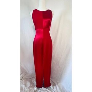 Ever Beauty Red Satin Maxi Dress Criss Cross Open Back Sz 8 Made in USA Vintage